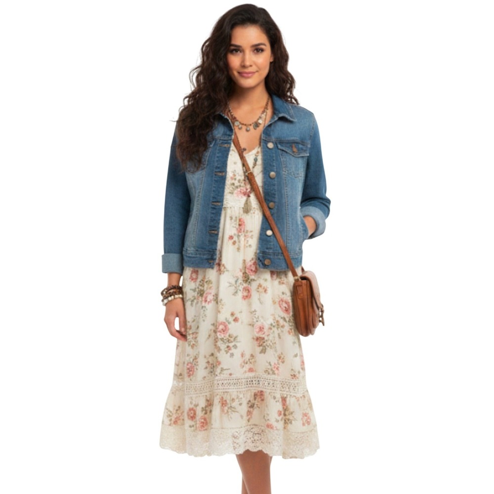 Altar'd State Womens Medium Wash Distressed Denim Trucker Jacket Boho Blue S